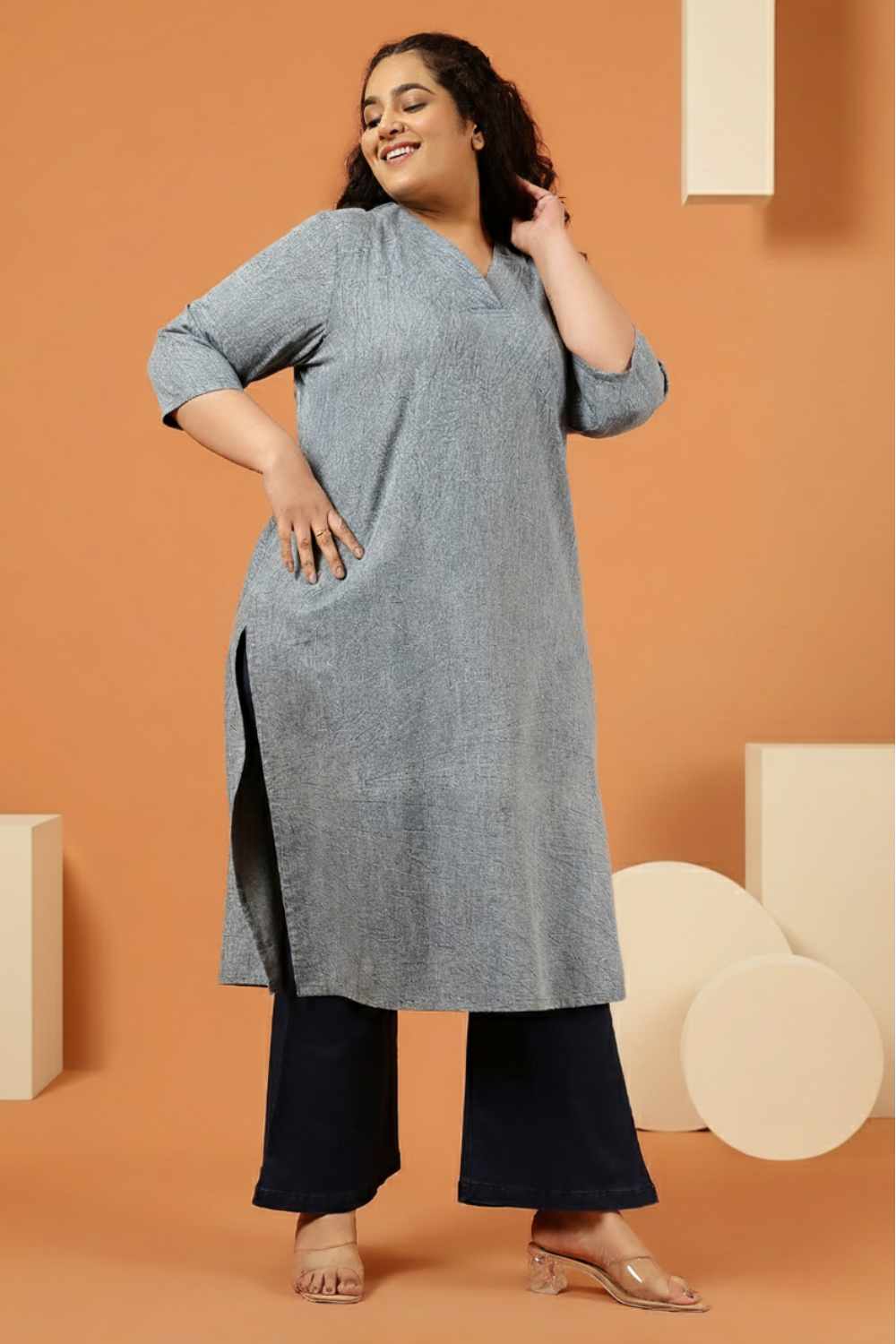 Plus Size Acid Wash Denim Cotton Kurta
