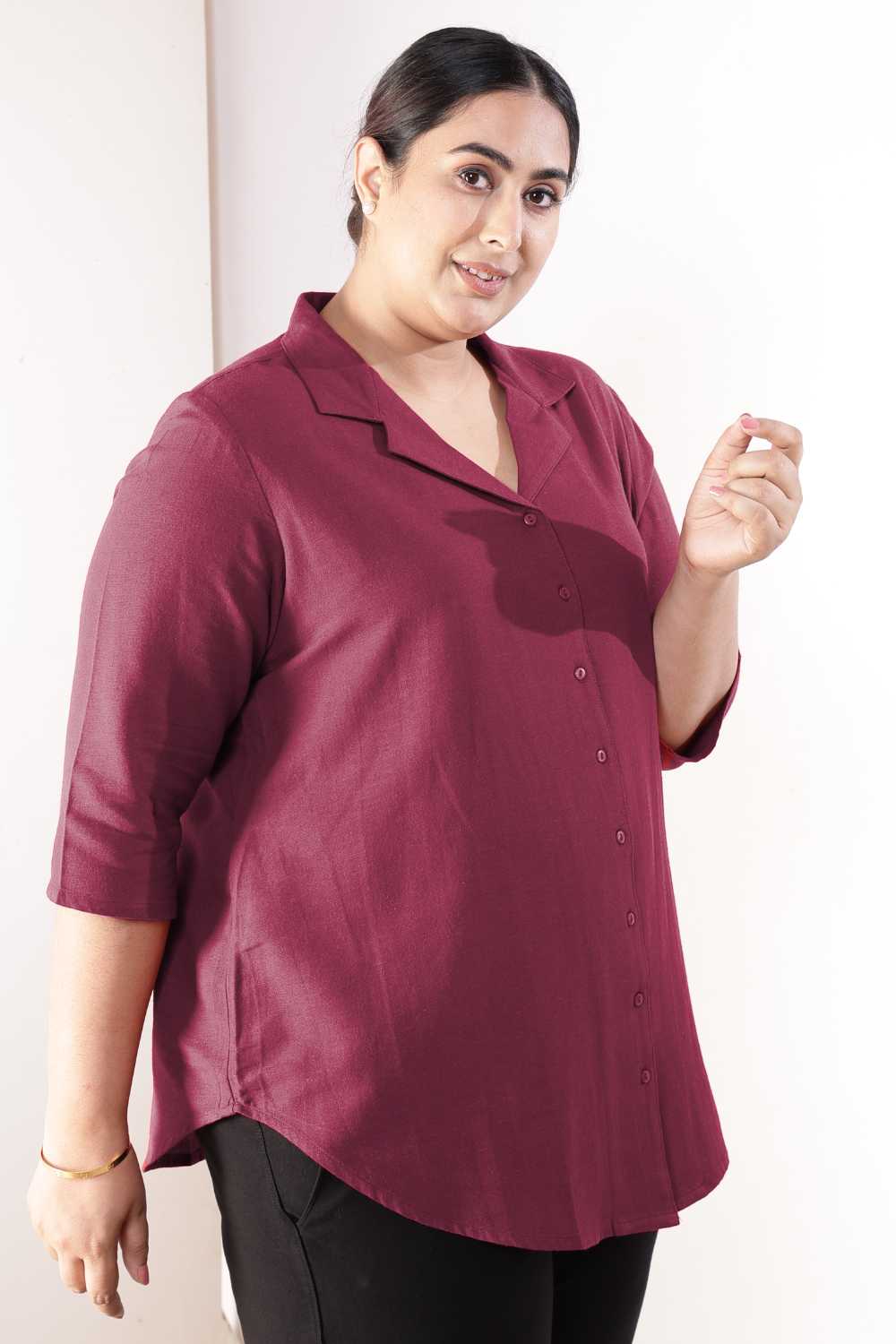 Plus Size Wine Cotton Linen Cuban Collar Shirt for Women