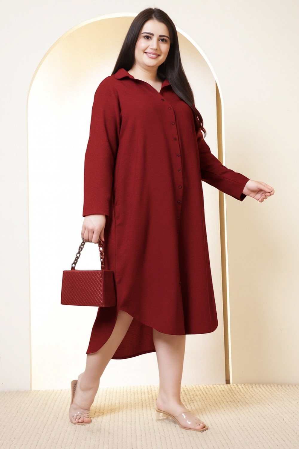 Plus Size Maroon Cotton Linen Shirt Dress for Women
