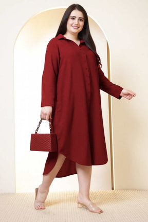 Plus Size Maroon Cotton Linen Shirt Dress