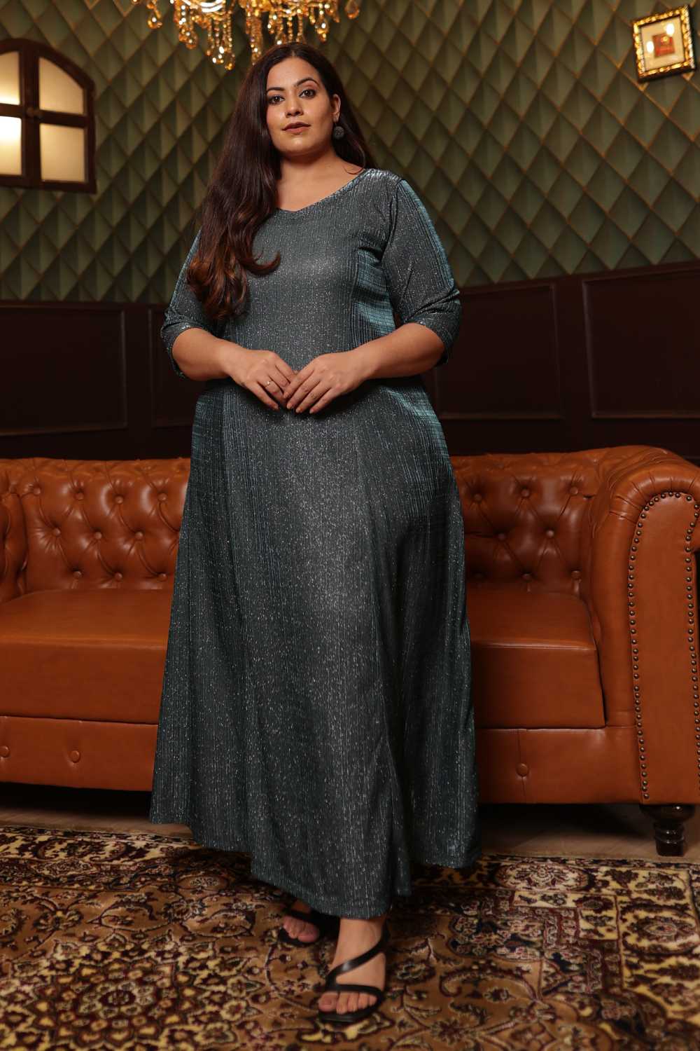 Plus Size Emerald Metallic Long Party Dress