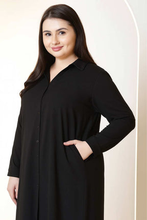 Plus Size Black Cotton Linen Shirt Dress