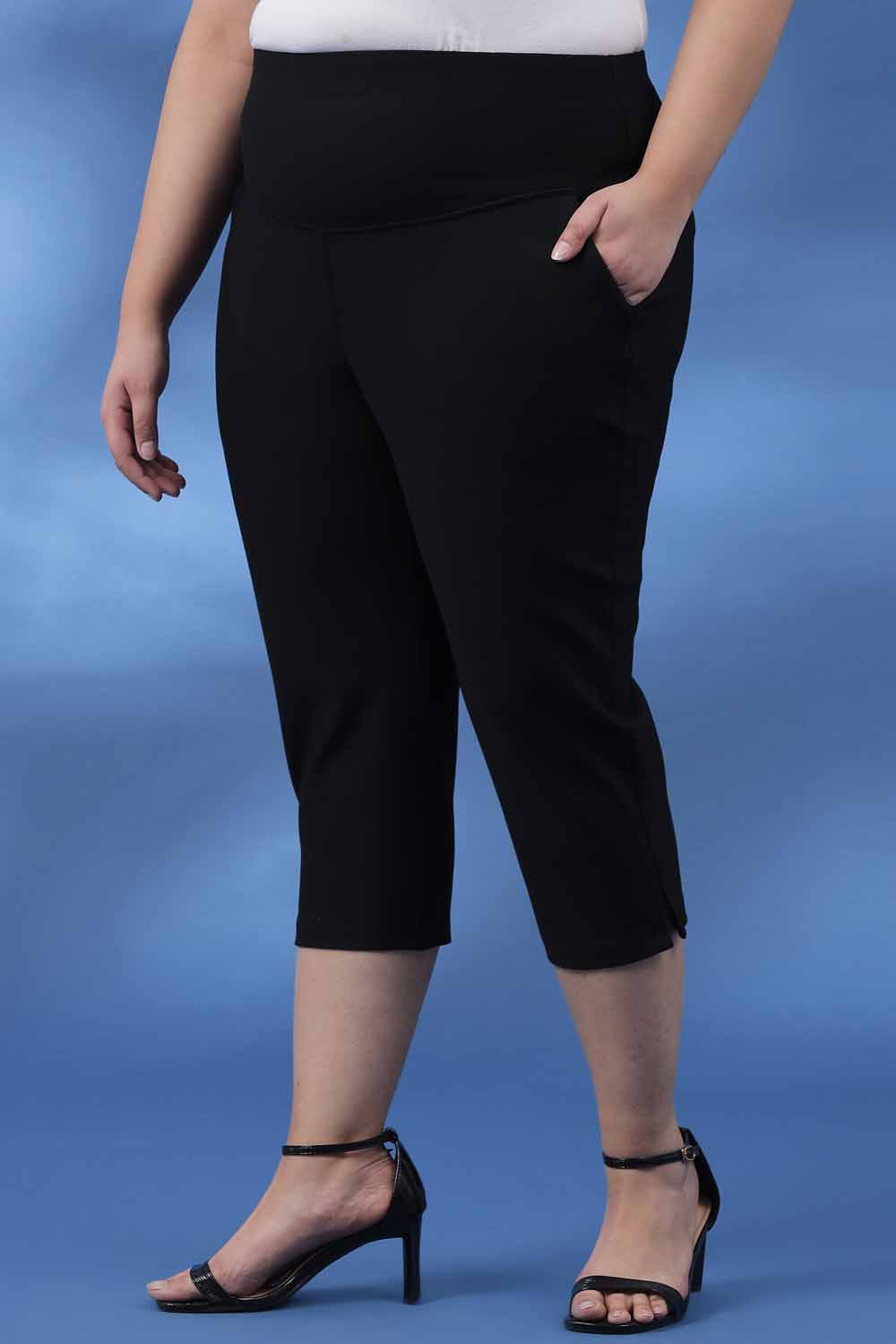 Plus Size Black New Fit Tummy Tucker Crop Pants Online in India