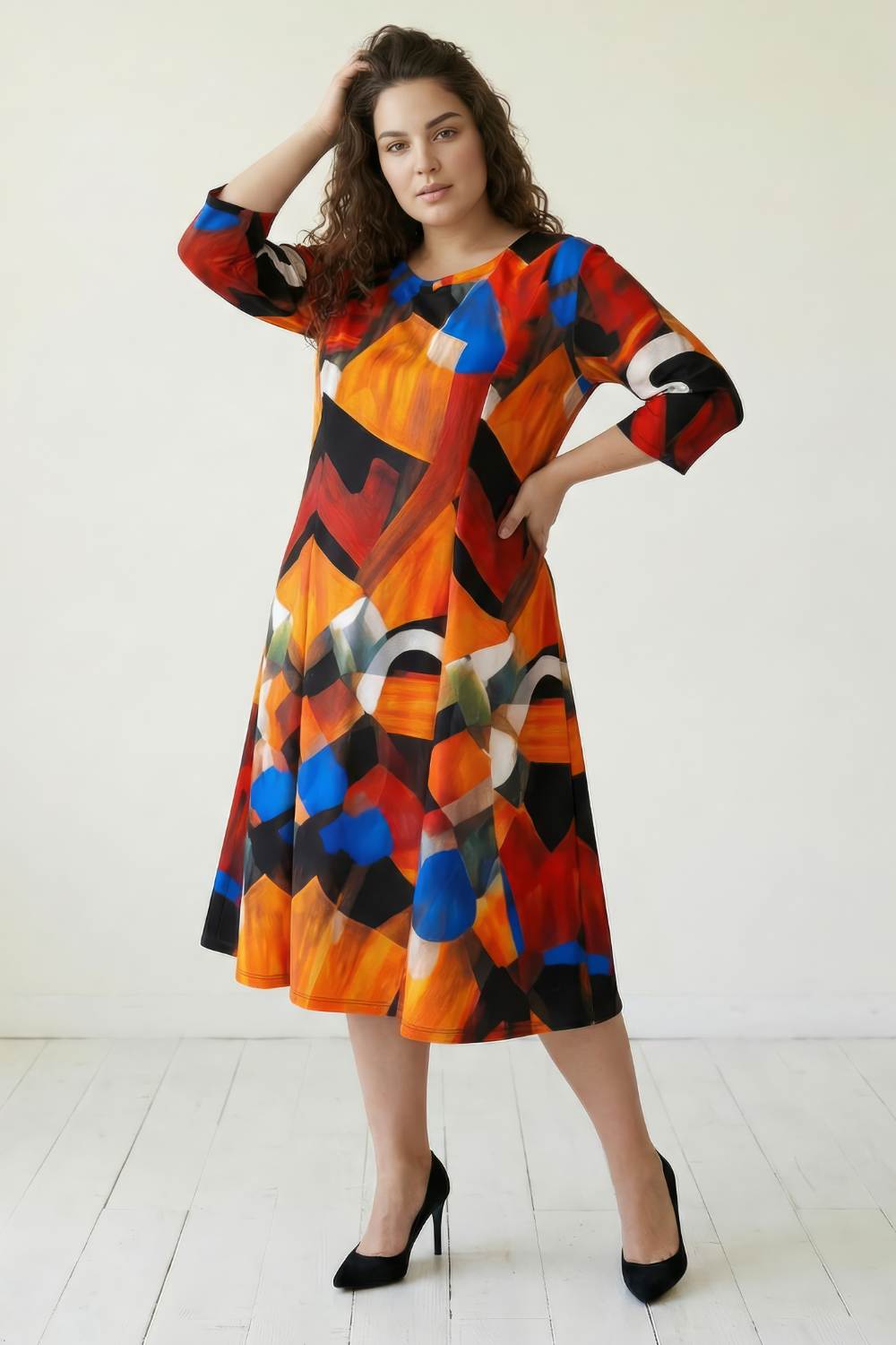 Plus Size Brushstroke Print A line Dress
