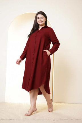 Plus Size Maroon Cotton Linen Shirt Dress