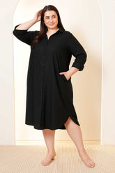 Plus Size Black Cotton Linen Shirt Dress