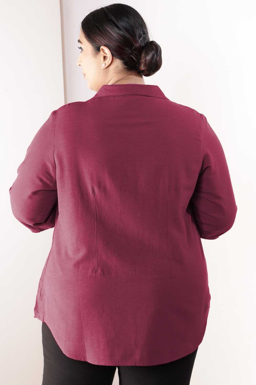 Plus Size Wine Cotton Linen Cuban Collar Shirt