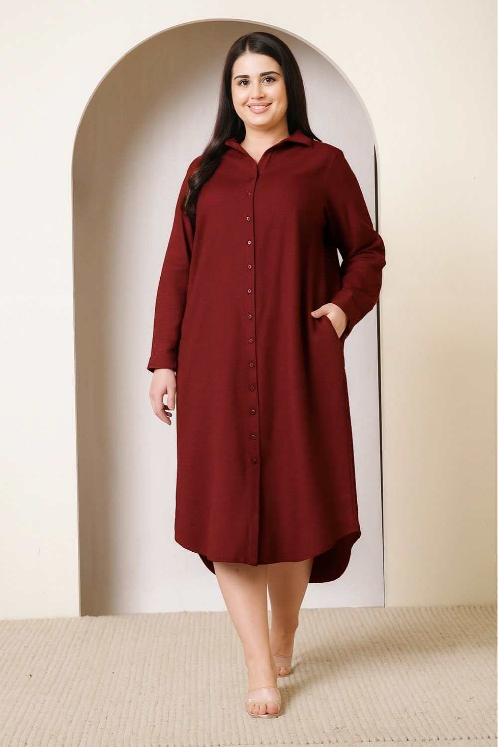 Plus Size Maroon Cotton Linen Shirt Dress