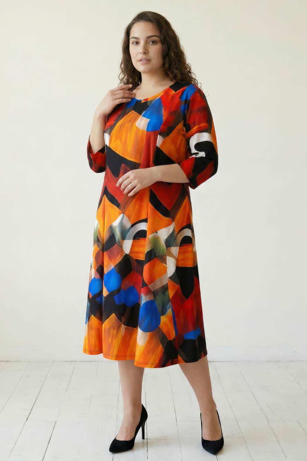 Plus Size Brushstroke Print A line Dress