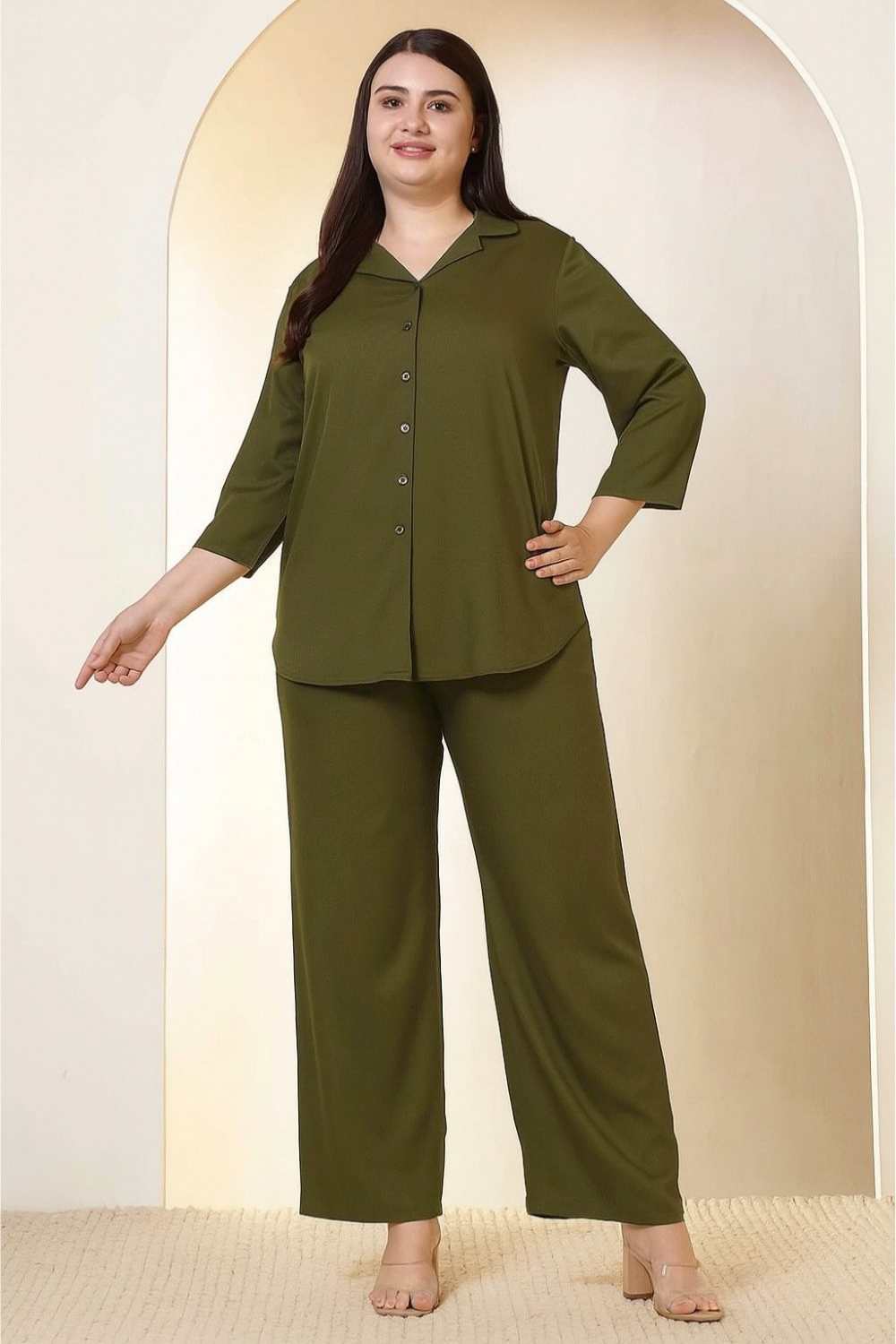 Plus Size Olive Green Cotton Linen Shirt Coord Set