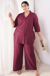 Plus Size Wine Cotton Linen Shirt Coord Set