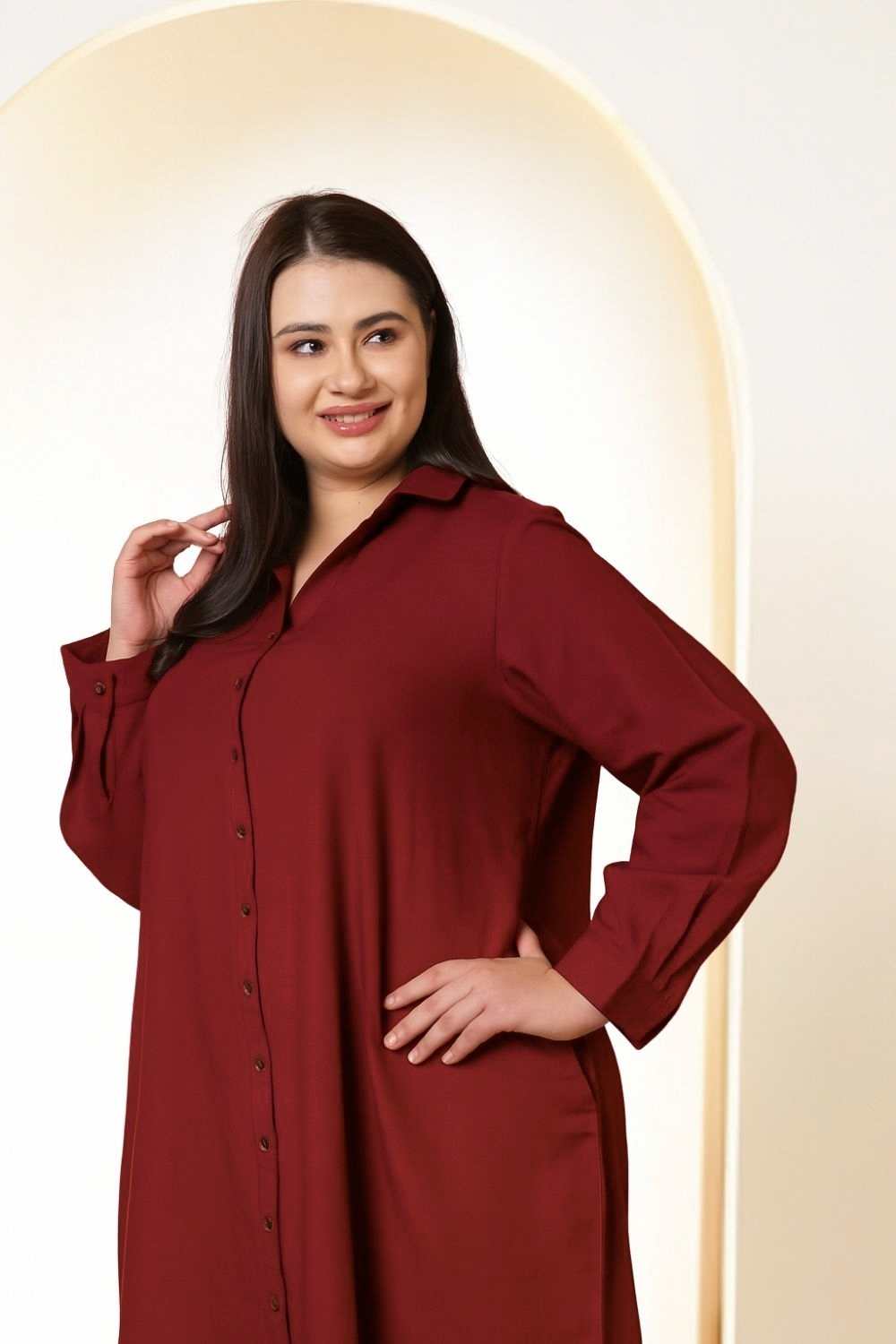Plus Size Maroon Cotton Linen Shirt Dress