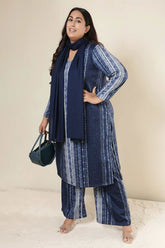 Plus Size Blue Vertical Stripe Kurta SnugWeave™ Coord Set