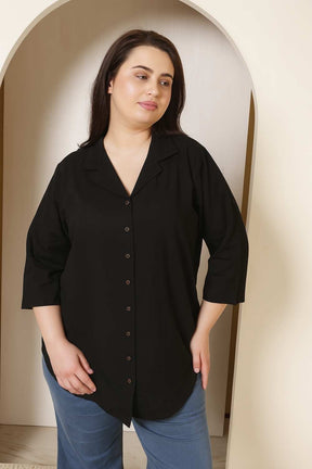 Plus Size Black Cotton Linen Cuban Collar Shirt