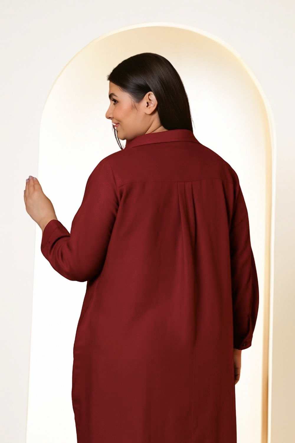 Comfortable Plus Size Maroon Cotton Linen Shirt Dress