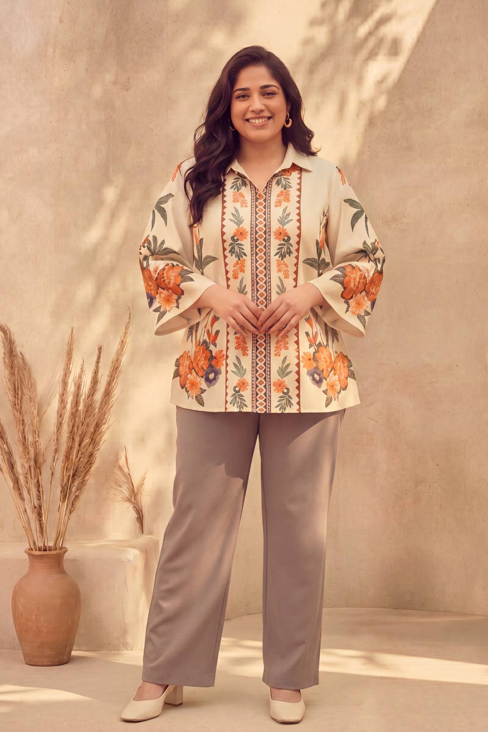 Plus Size Boho Floral Panel Print Cotton Top