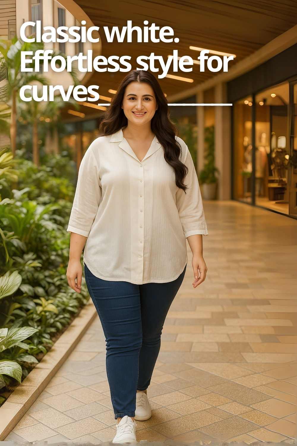 Plus Size White Cuban Collar Cotton Shirt