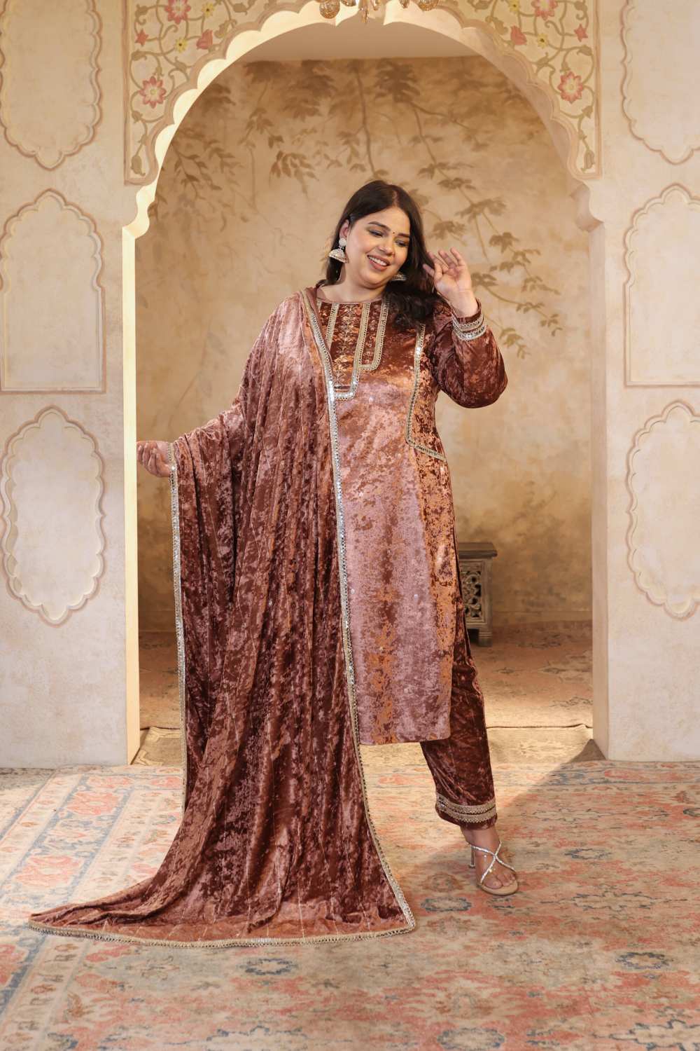 Plus Size Mocha Brown Print Velvet Suit Set