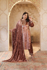 Plus Size Mocha Brown Print Velvet Suit Set