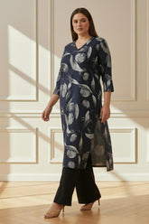 Plus Size V Neck Black SnugWeave™ Winter Kurta In Floral Print