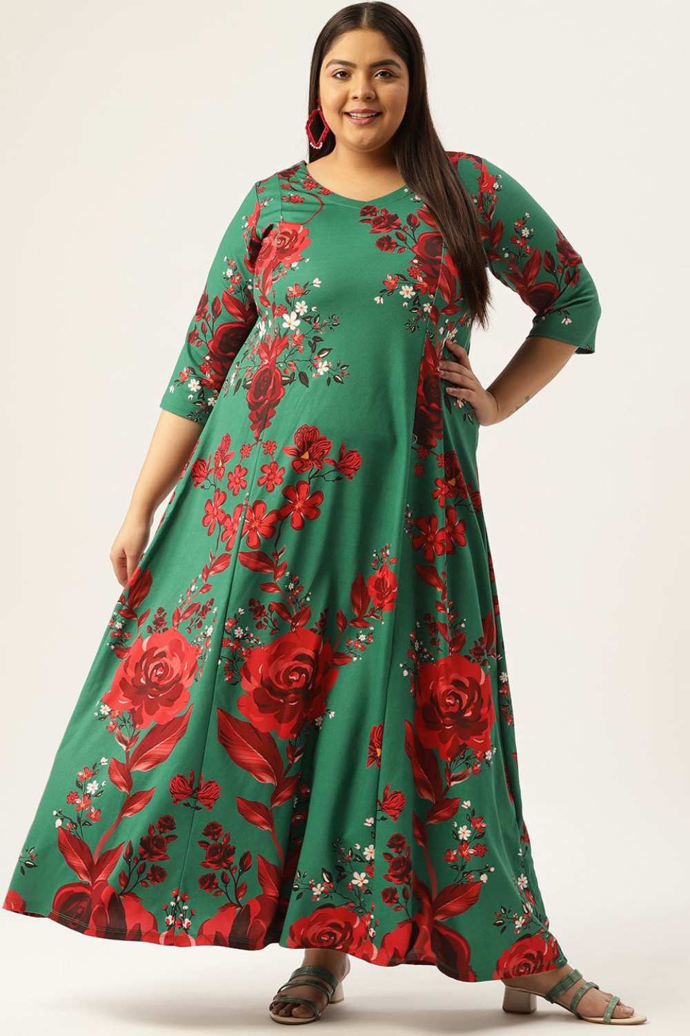 Plus Size Ditsy Green Red Floral Dress