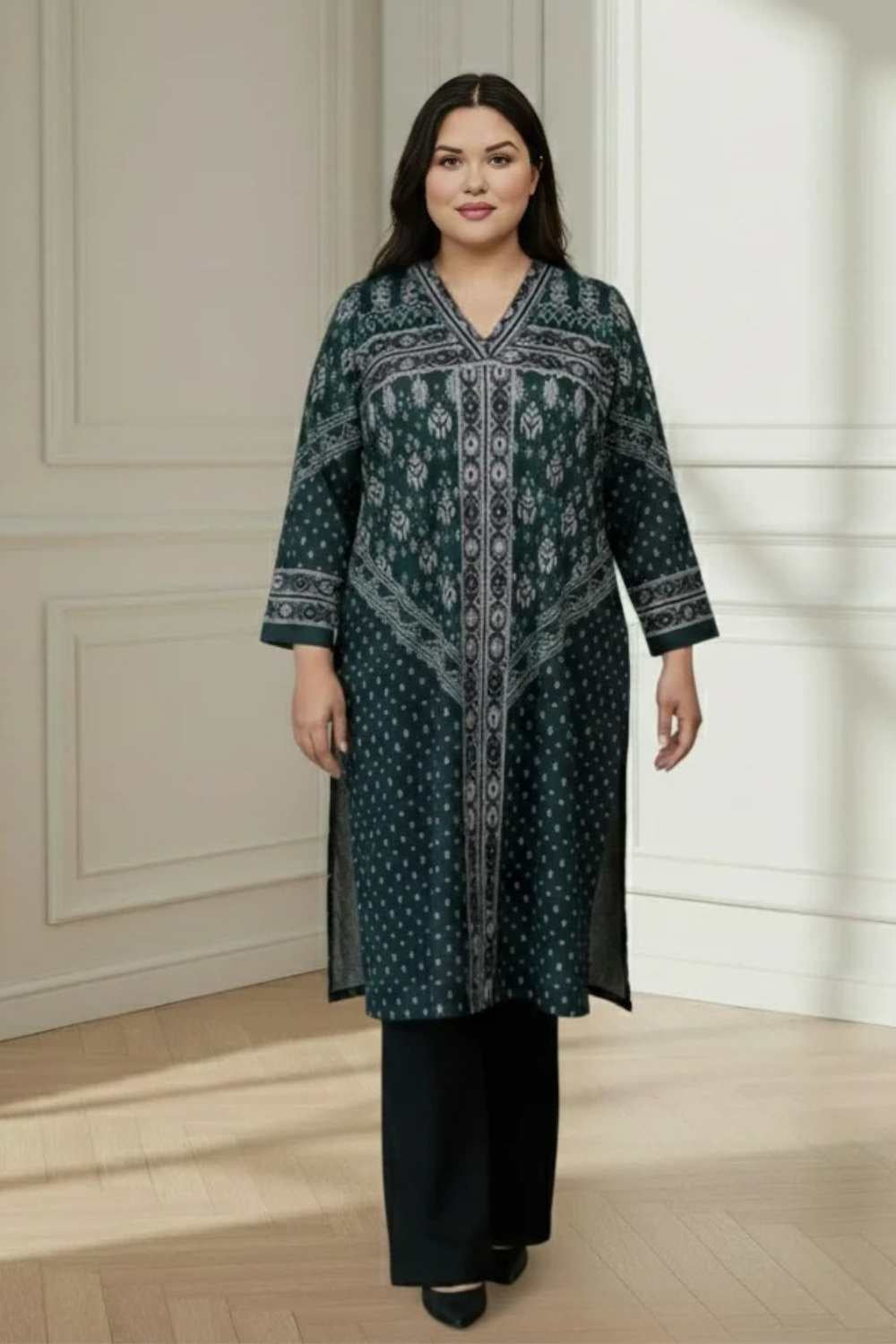 Plus Size Teal Printed V Neck SnugWeave™ Winter Kurta