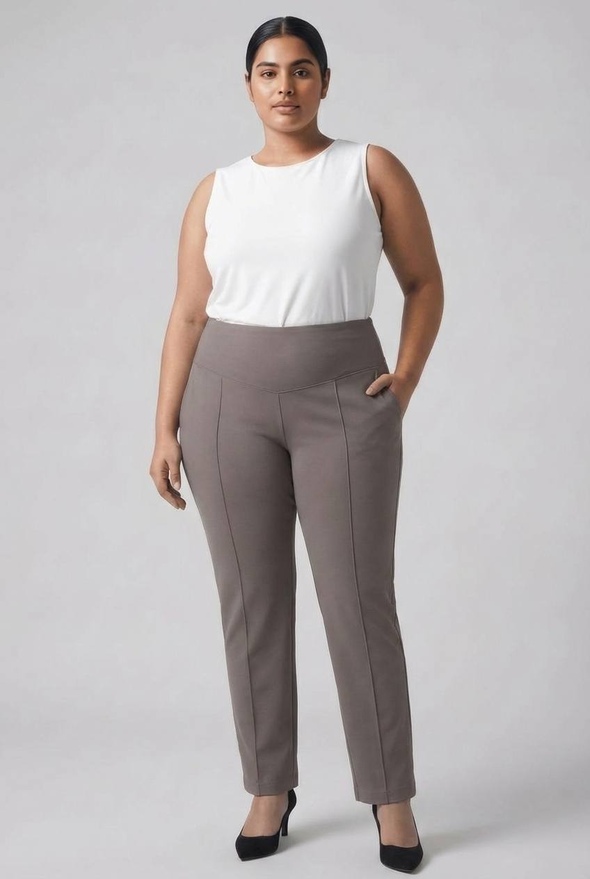 Plus Size Taupe Tummy Shaper Straight Fit Pants