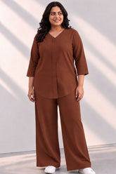 Plus Size SoftEase V Neck Brown Cotton Coord Set