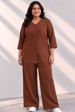 Plus Size SoftEase V Neck Brown Cotton Coord Set
