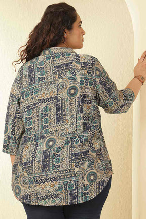 Plus Size Blue Ethnic Print Cuban Collar Rayon Muslin Shirt