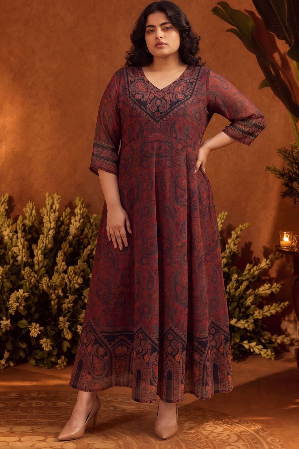 Plus Size Heritage Paisley Print Georgette Anarkali Dress
