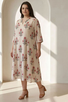 Plus Size Beige Floral Printed Cotton Midi Dress