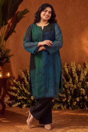 Plus Size Teal Artistry Straight Georgette Kurta