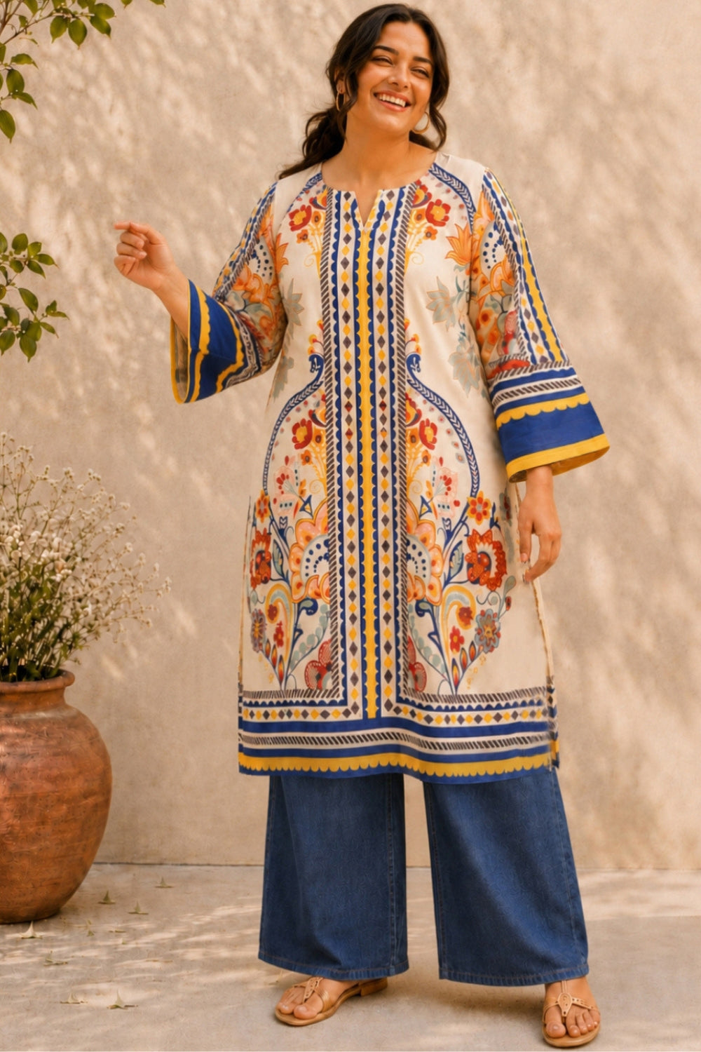 Plus Size Beige Ethnic Floral Print Cotton Kurta