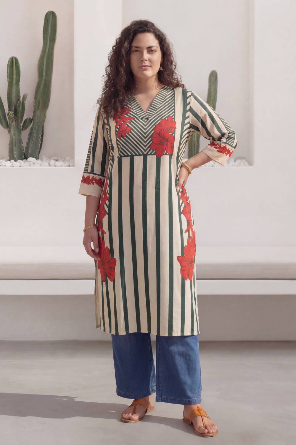 Plus Size Green Stripe Floral Print Cotton V-Neck Kurta for Women
