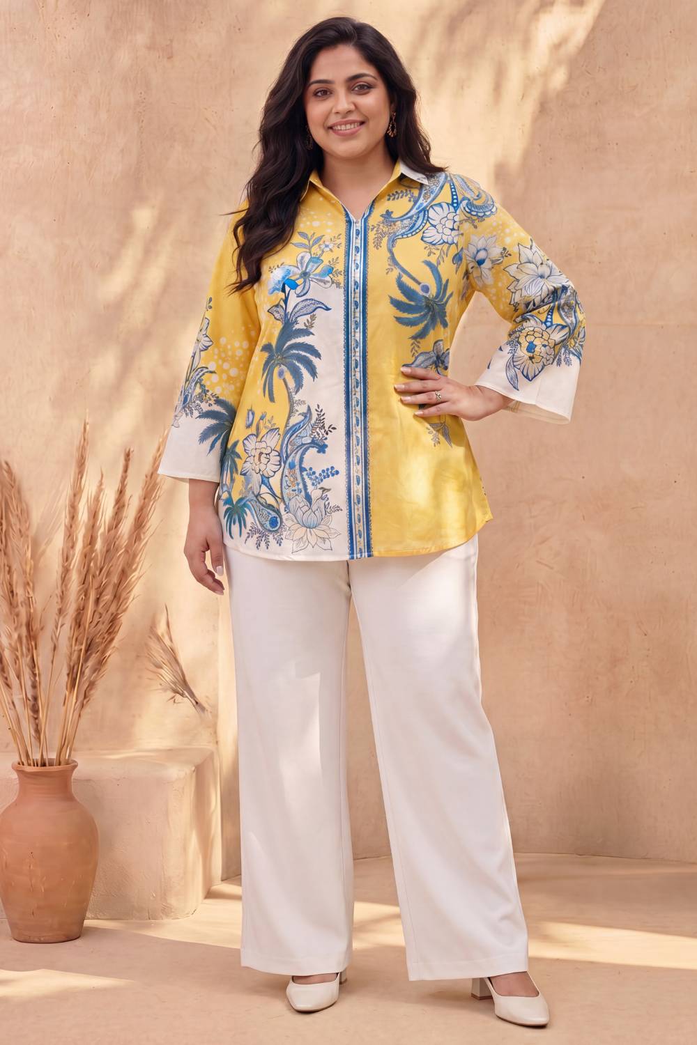 Plus Size Yellow Floral Printed Cotton Top