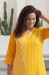 Plus Size Yellow Ikat Print Cotton V-Neck Kurta