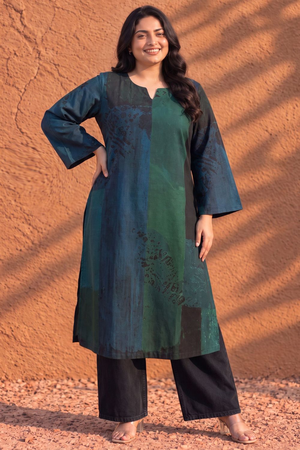 Plus Size Teal Artistry Straight  SnugWeave™  Kurta