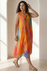 Plus Size Multicolor Abstract Print Sleeveless Cotton Midi Dress