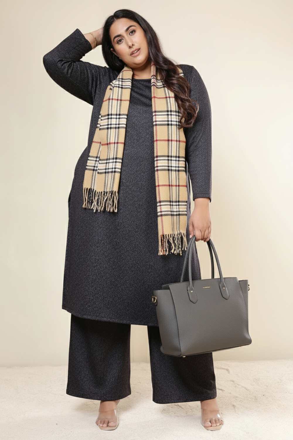 Plus Size Charcoal Grey SnugWeave™ Kurta Coord Set