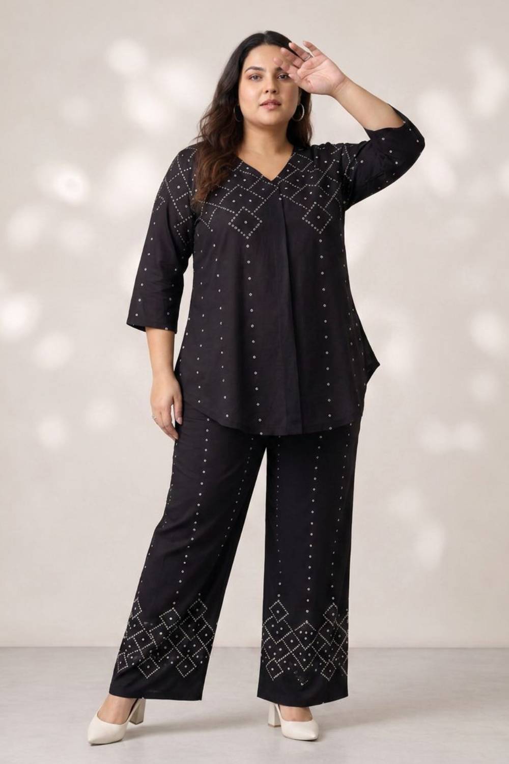 Plus Size Black Bandhej Print Coord Set