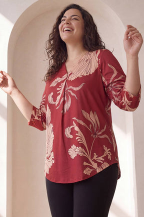 Plus Size Red White Tropical Print Centre Pleat Top