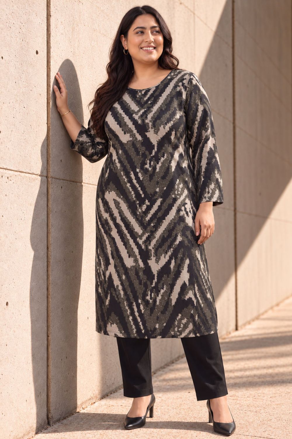 Plus Size Black & Beige Abstract Round Neck SnugWeave™ Winter Kurta