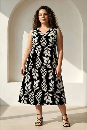 Plus Size Black & White Leaf Print Sleeveless Rayon Midi Dress