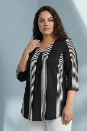 Plus Size Black White Striped Centre Pleat Top