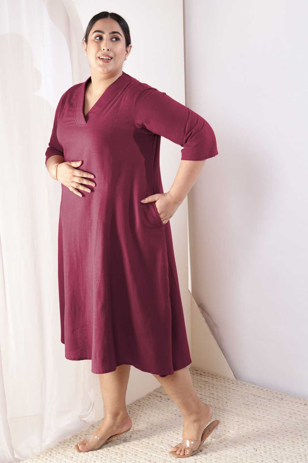Plus Size Plus Size Wine Cotton Linen Midi Dress
