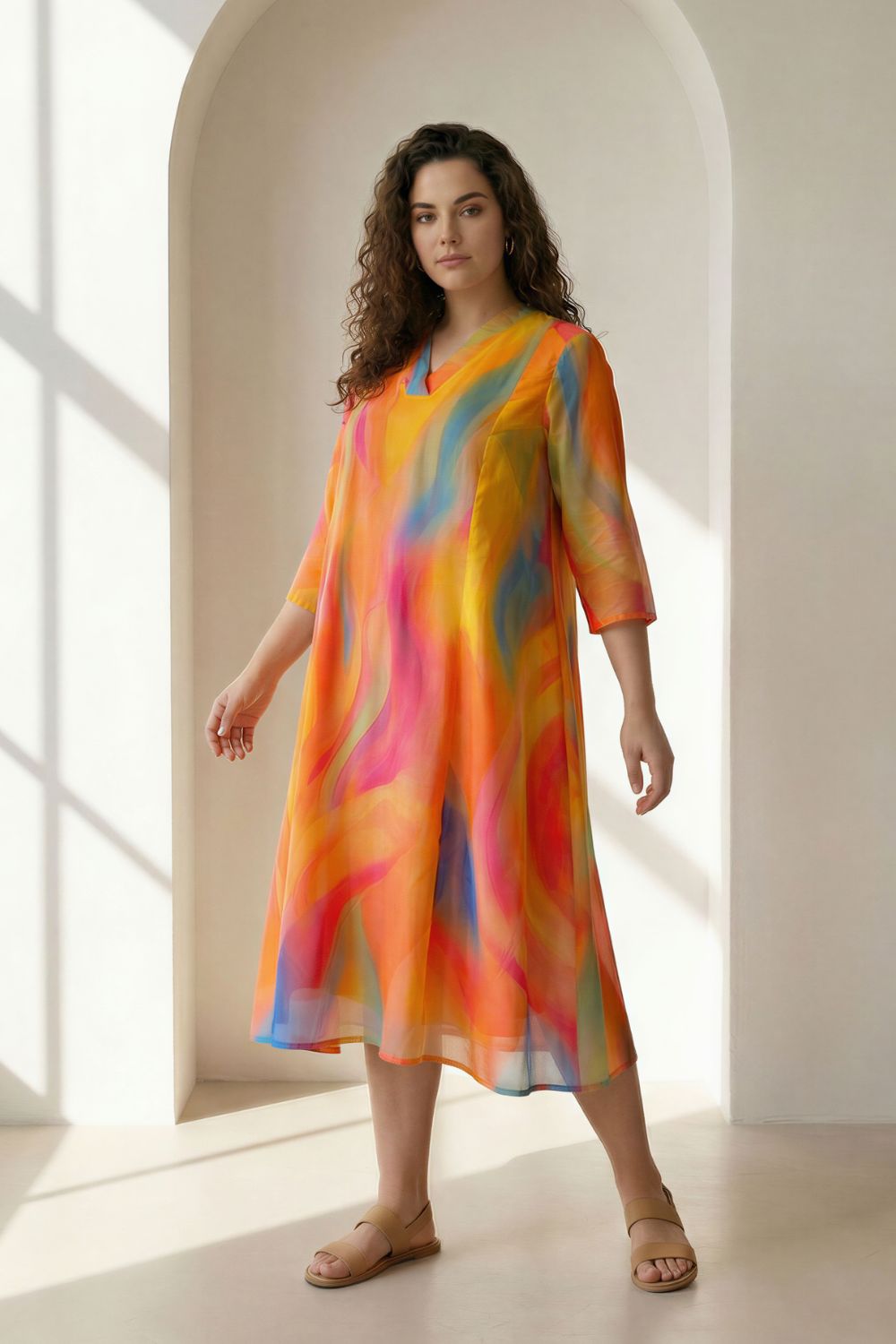 Plus Size Plus Size Multicolor Abstract Print Cotton Midi Dress