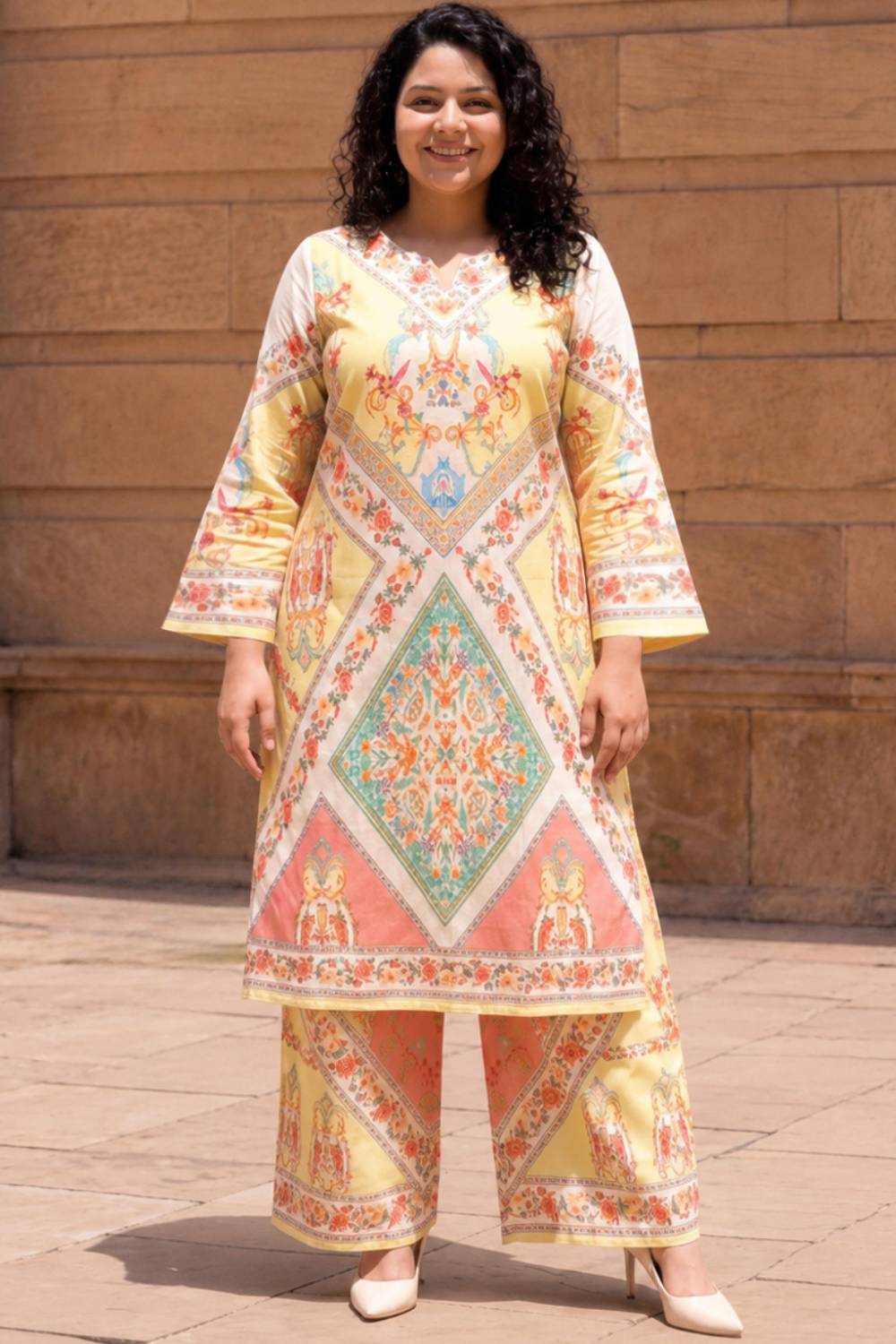 Plus Size  Multicolor Floral Placement  Print Cotton Kurta Coord Set