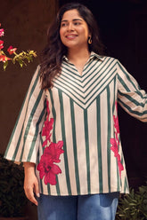 Plus Size Green Stripe Floral Printed Cotton Top