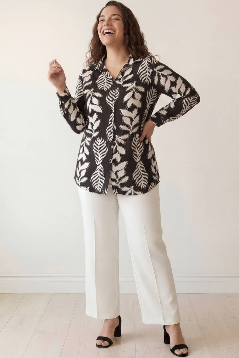Plus Size Black White Leaf Print High Slit Longline Shirt